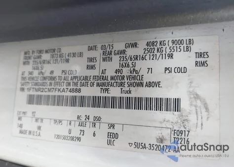 2015 Ford Transit T-250 z USA, uszkodzony, nr VIN 1FTNR2CM7FKA74888